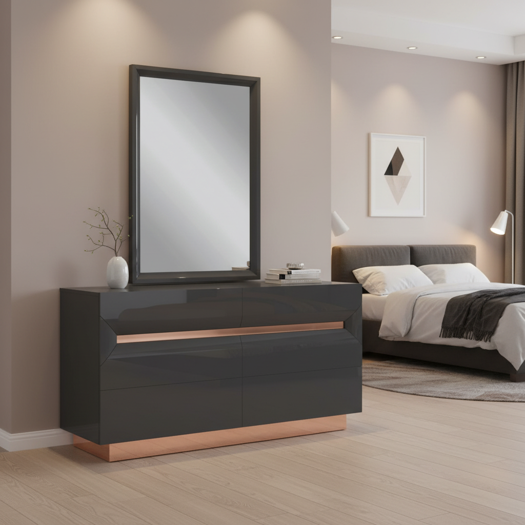 Zaneva – Commode avec miroir noir laqué rose gold