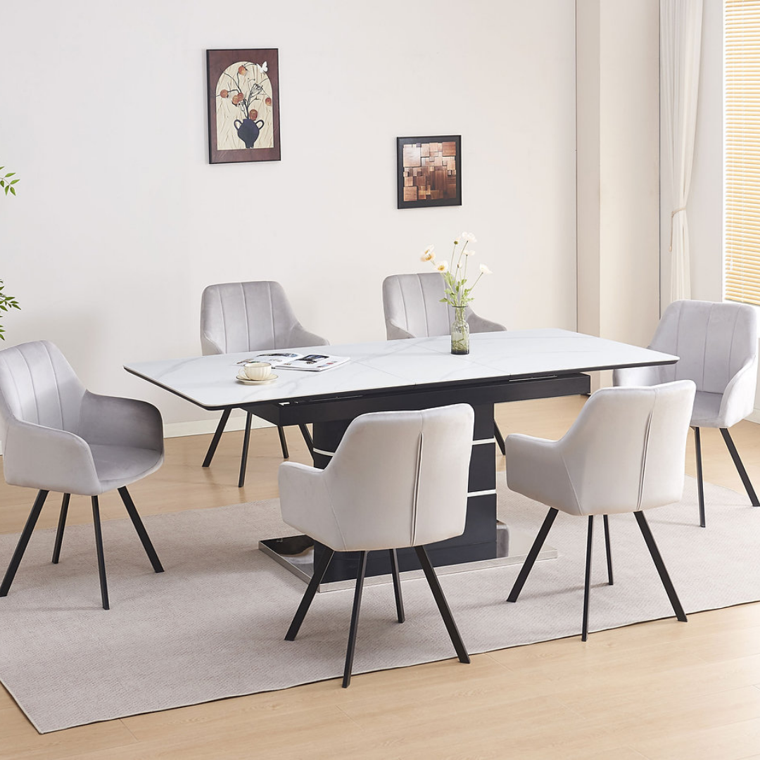 Ensemble salle à manger extensible Roma avec chaises velours gris clair pivotantes