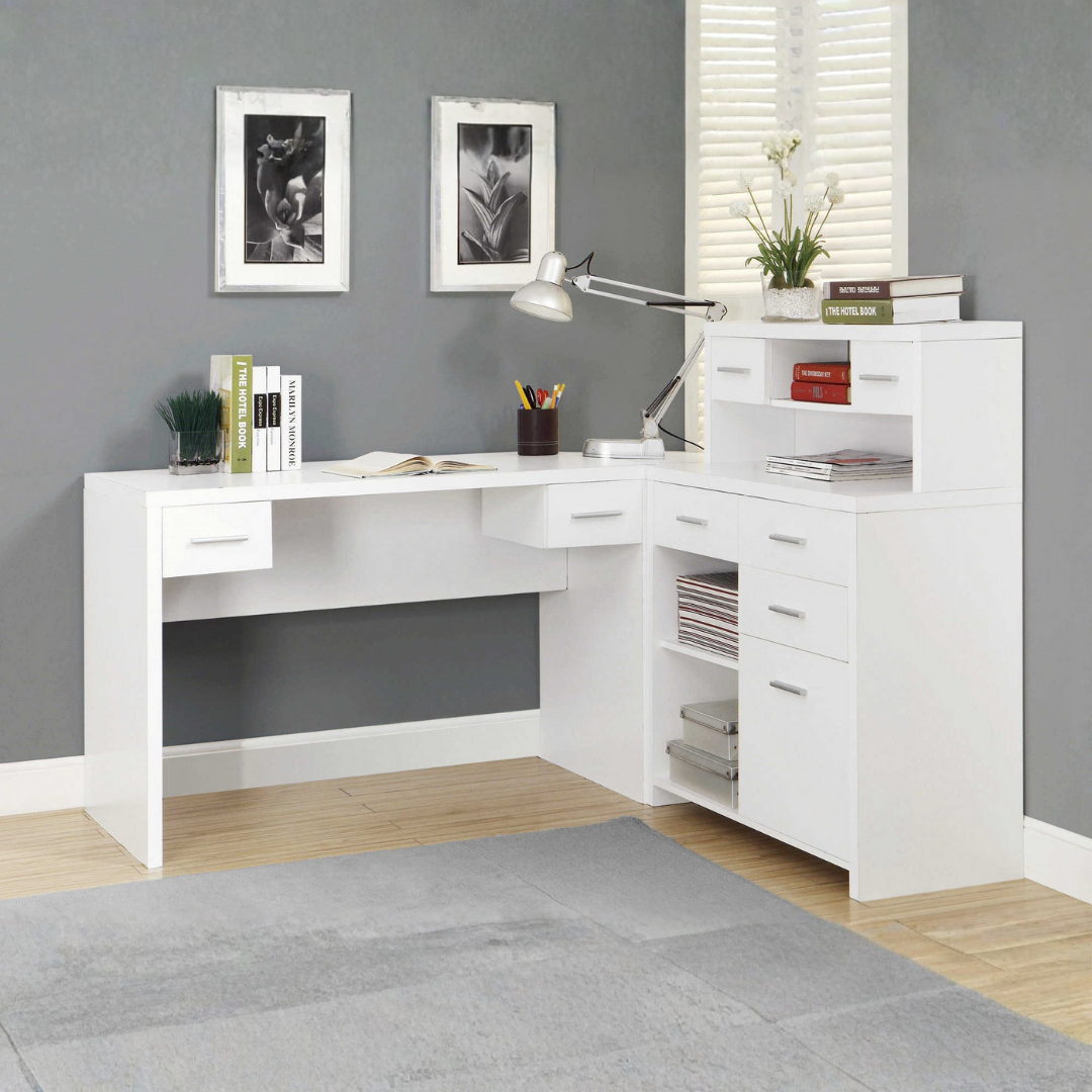 Bureau en L Hutchera blanc avec huche et rangement intégré