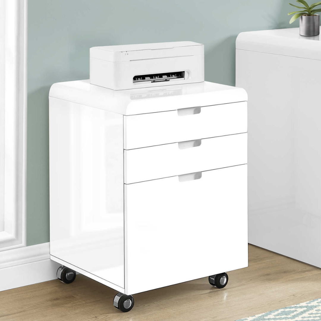Classeur mobile Glossivia 3 tiroirs blanc haute brillance pour rangement de documents au bureau