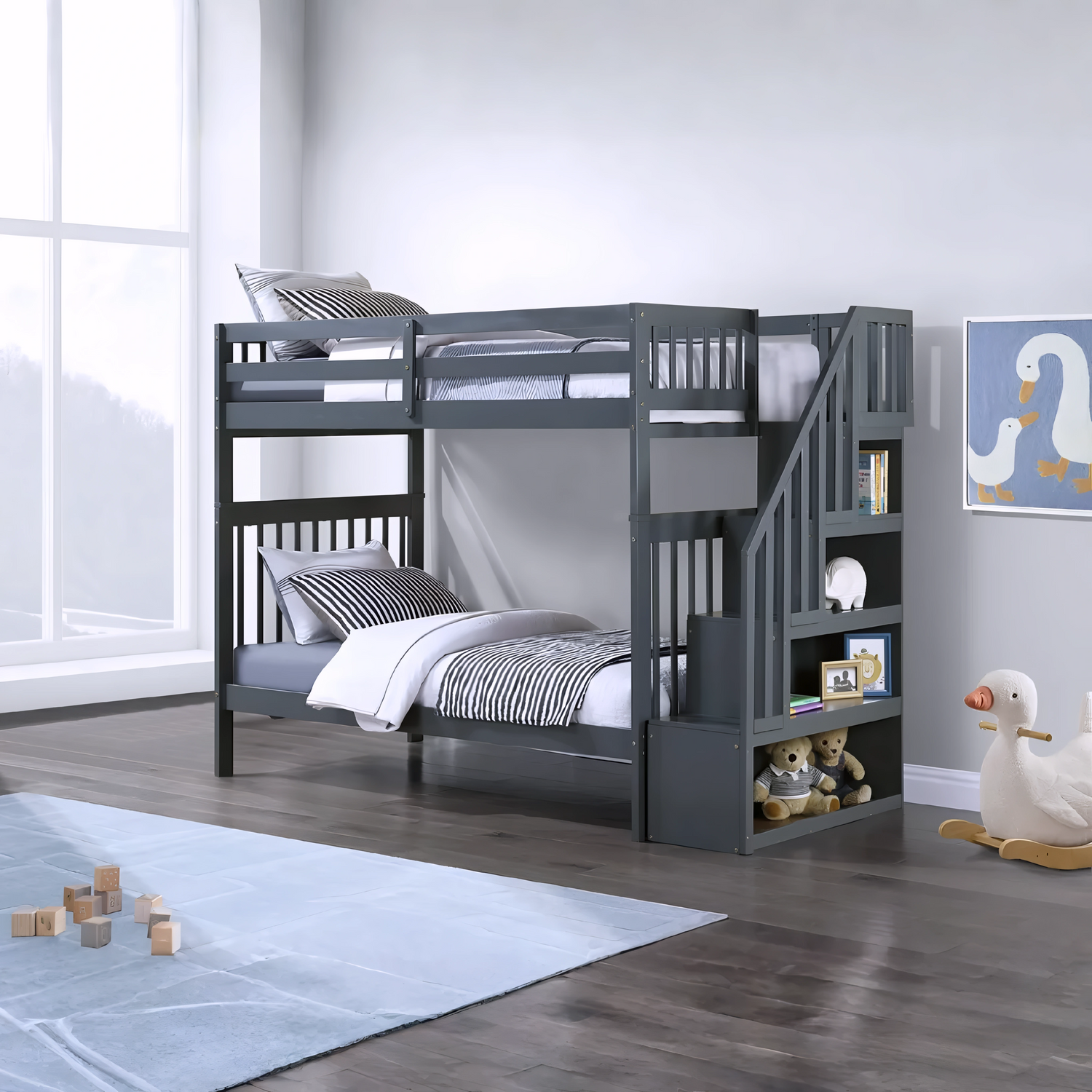 Lit superposé Nordik gris avec escalier réversible et étagères intégrées