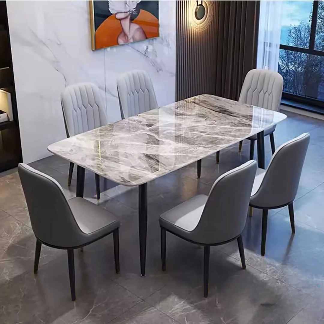 Ensemble salle à manger Rockland avec table en pierre frittée gris marbre et chaises similicuir gris