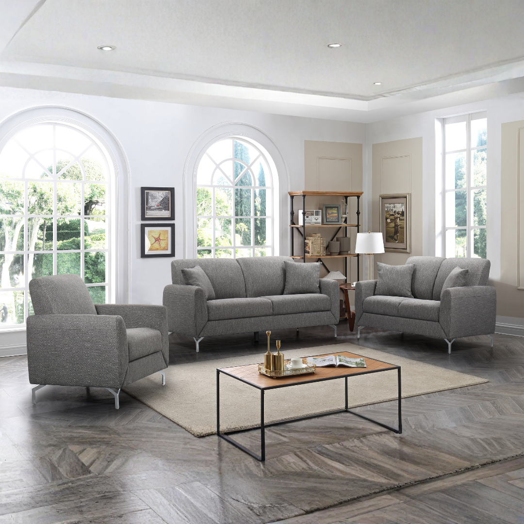 Ensemble salon 3 pièces en tissu gris pour recevoir famille et amis