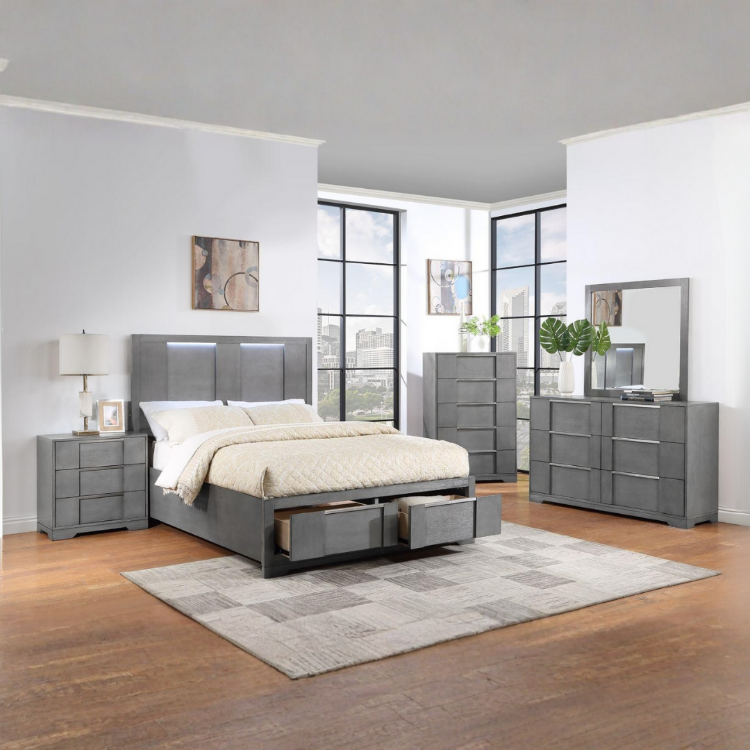 Ensemble chambre queen Greylin 6 pièces gris wirebrushed avec éclairage LED et rangement au pied du lit