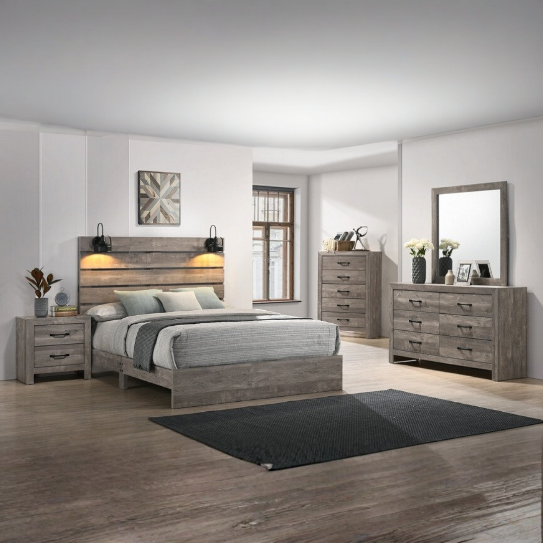 Ensemble chambre double Harlowood driftwood grey avec éclairage tactile dimmable et ports USB