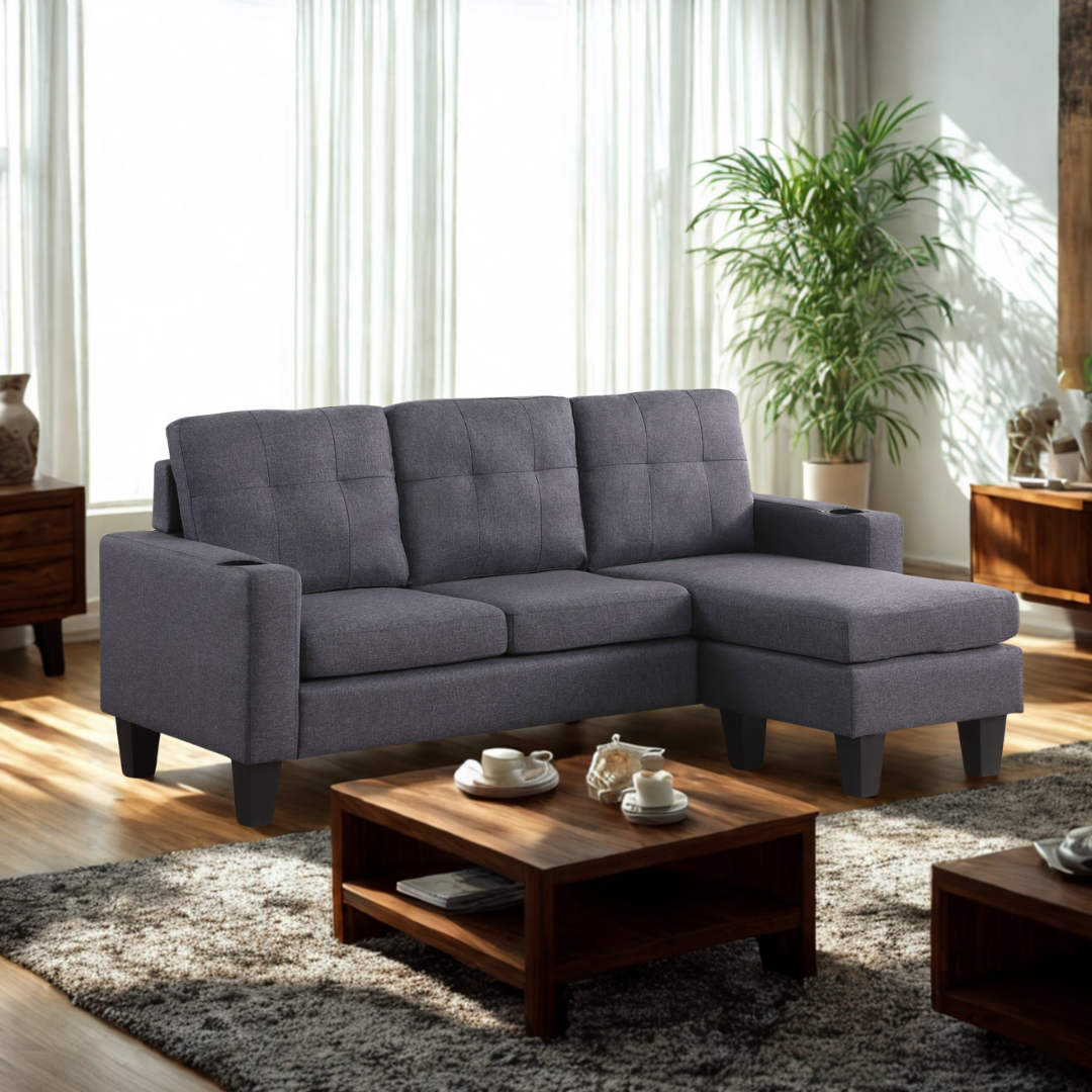 Sofa sectionnel réversible Liora en tissu gris 74 po, design compact pour condo, Bonito Montréal
