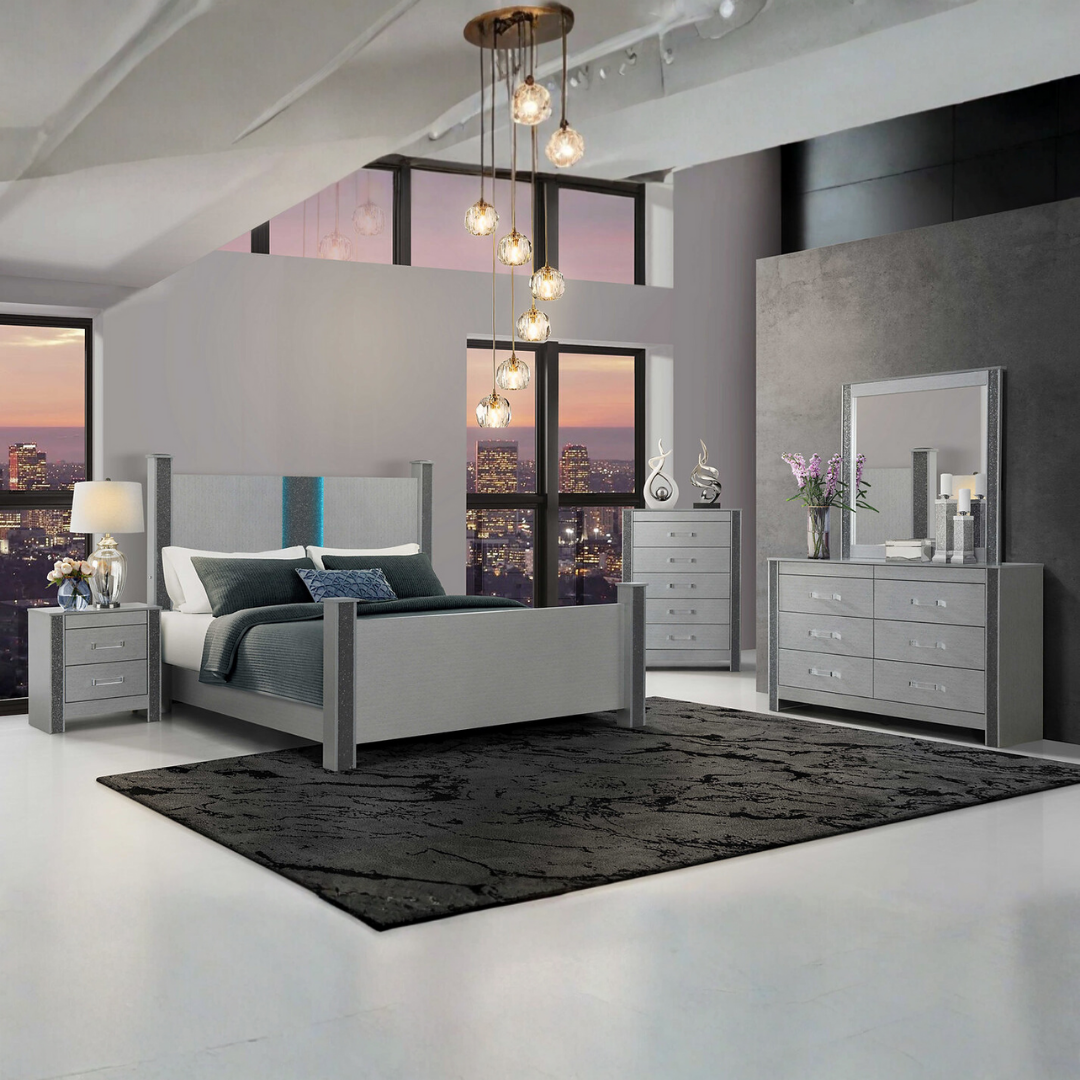 Ensemble chambre double Luxevion argent cristal avec éclairage LED et audio Bluetooth intégré