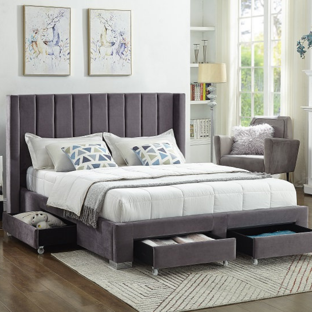 Lit queen en velours gris avec rangement pour petite chambre à Montréal