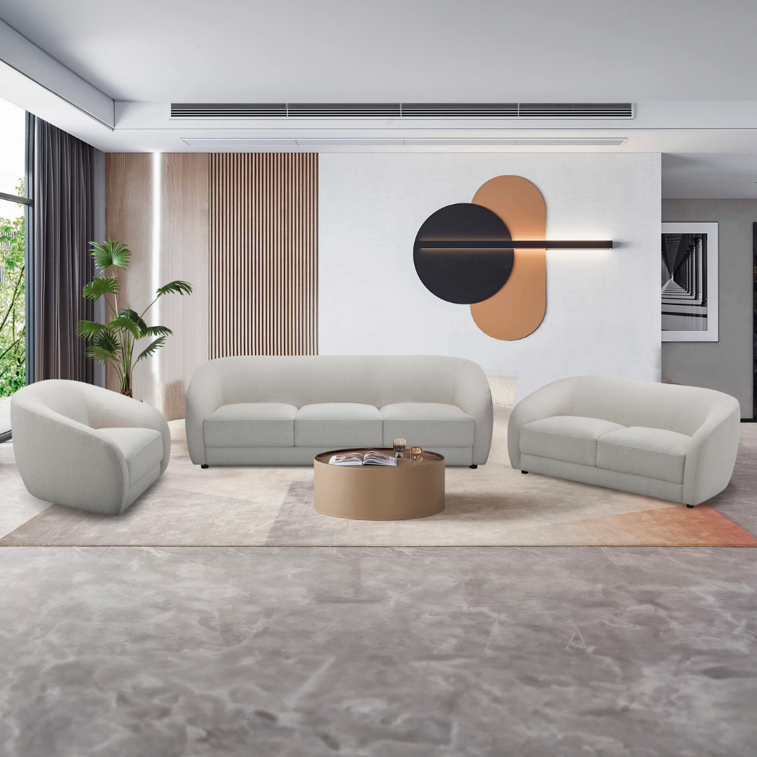 Ensemble salon 3 pièces Veran tissu crème design arrondi