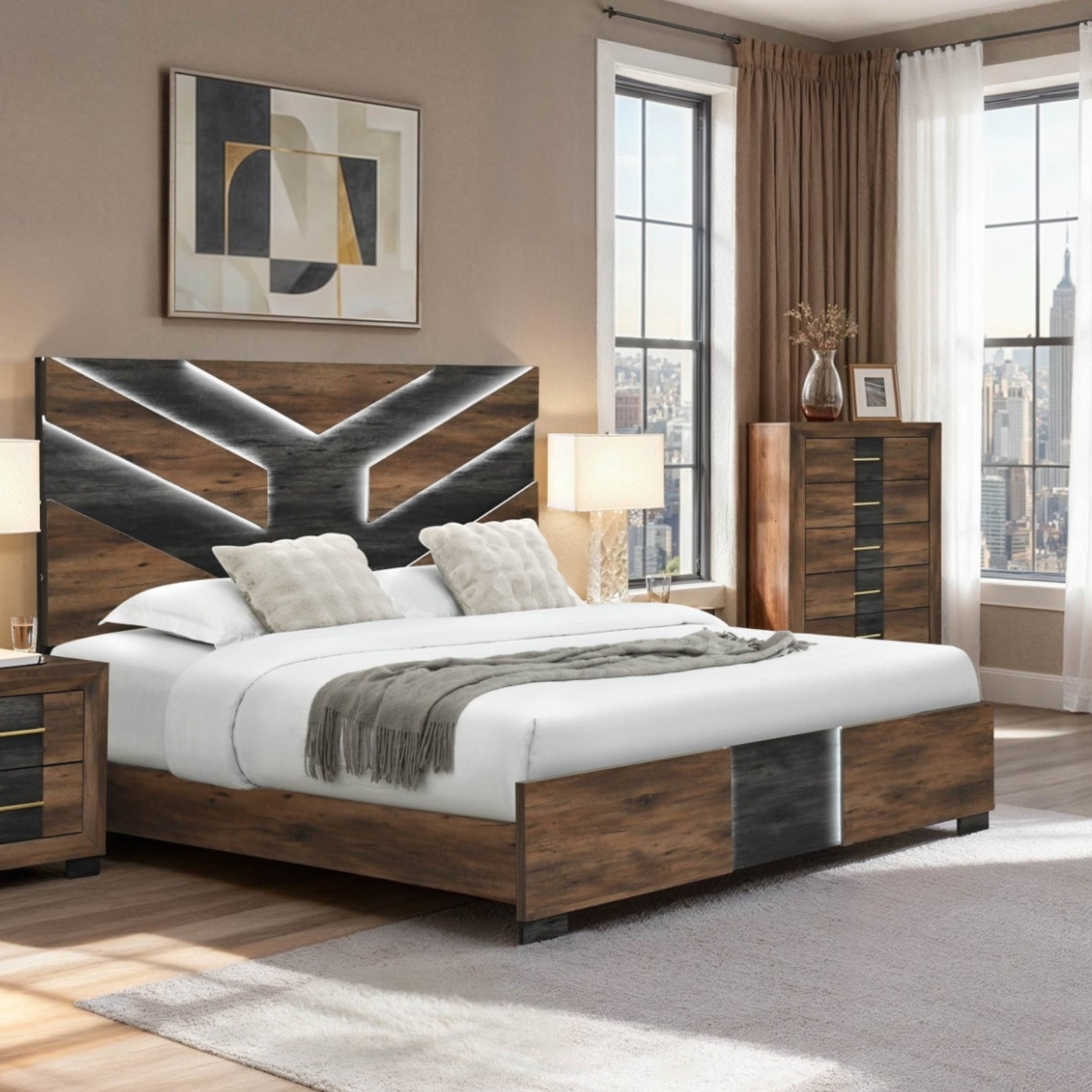 Optimus – Dark Walnut LED King Bedroom Set
