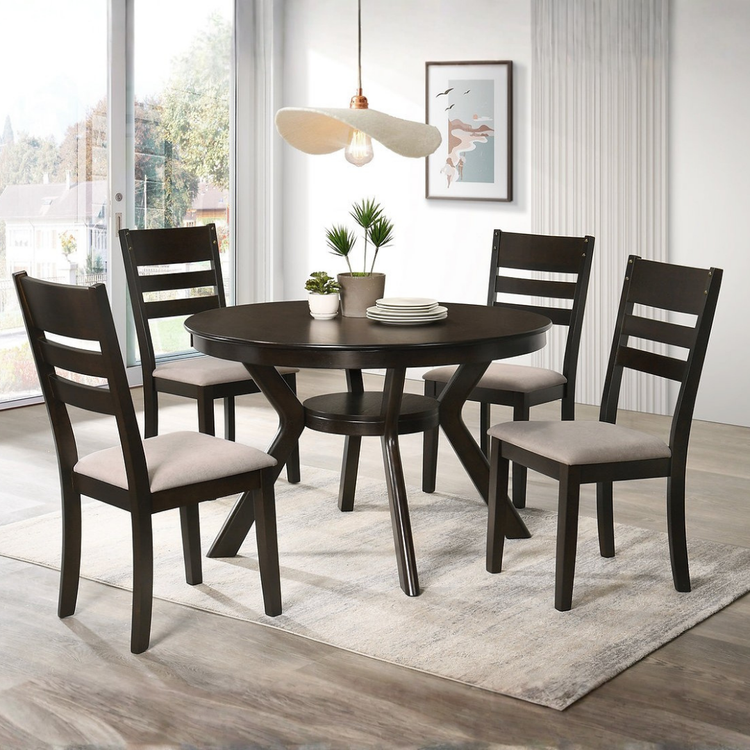 Slate – Dining Set – Espresso Wood / Crème Fabric