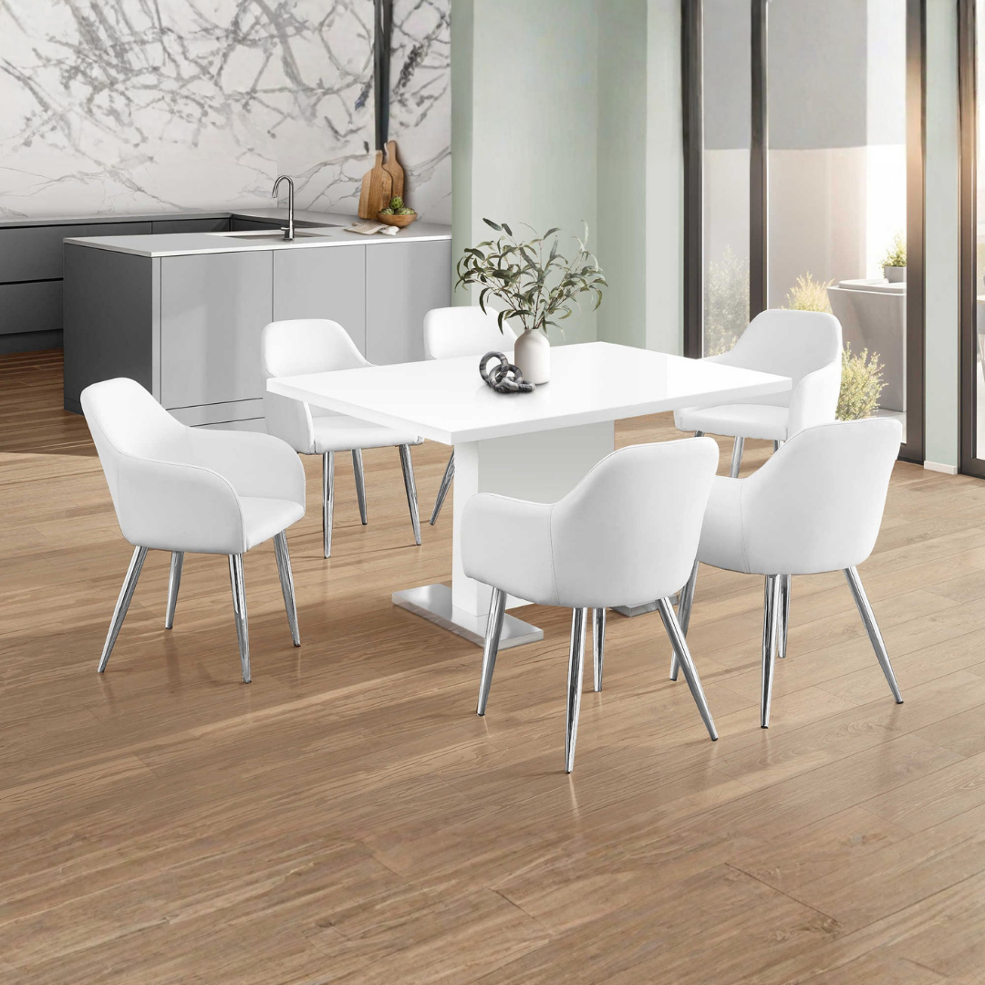 Arco – Dining Set – High Gloss White / White Leather Look