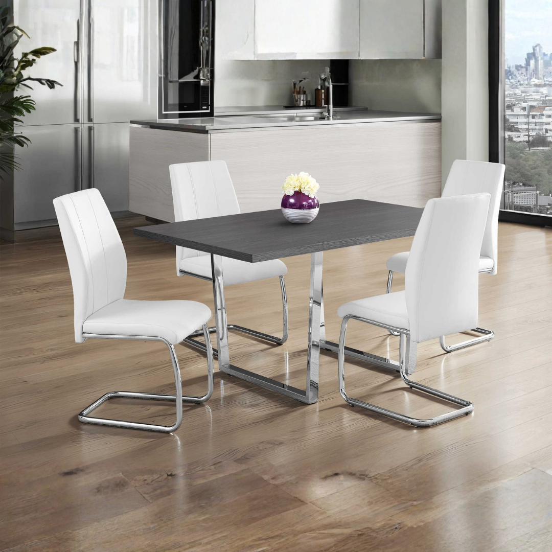 Homia – Dining Set – Grey Wood Look / White Leather Look