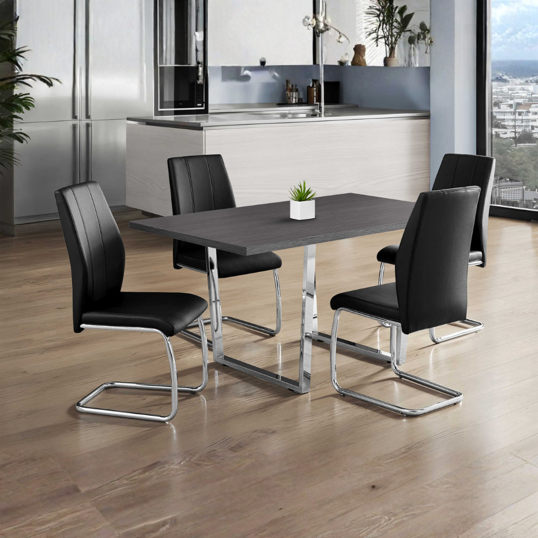 Homia – Dining Set – Grey Wood Look / Black Leather Look