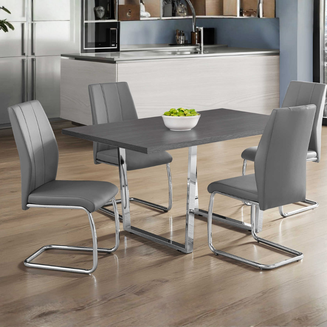 Homia – Dining Set – Grey Wood Look / Grey Leather Look