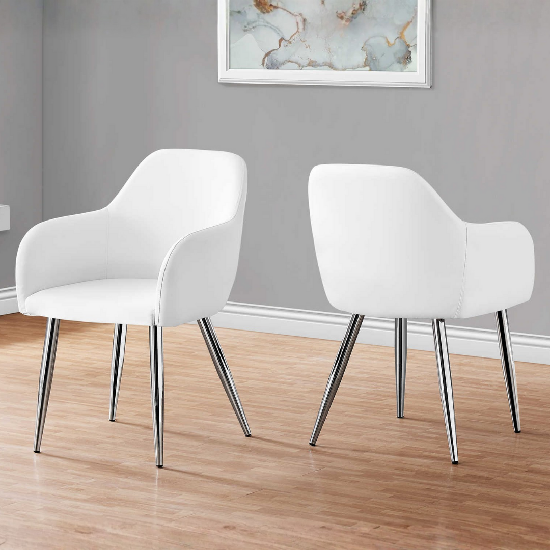 Lunara – Set of 2 – Leather-Look Dining Chair with Armrests – White / Chrome