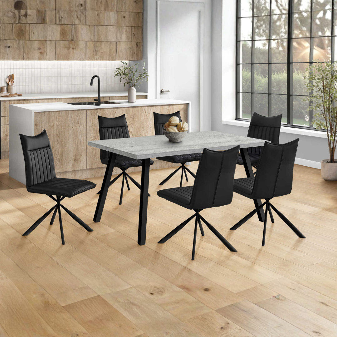 Plano – Dining Set – Grey Wood Look / Black Leather Look