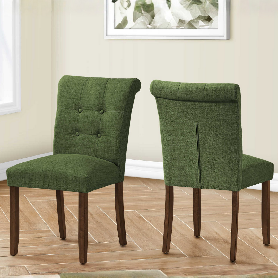 Linara – Lot de 2 – Chaises de salle à manger capitonnées aspect lin – Vertes