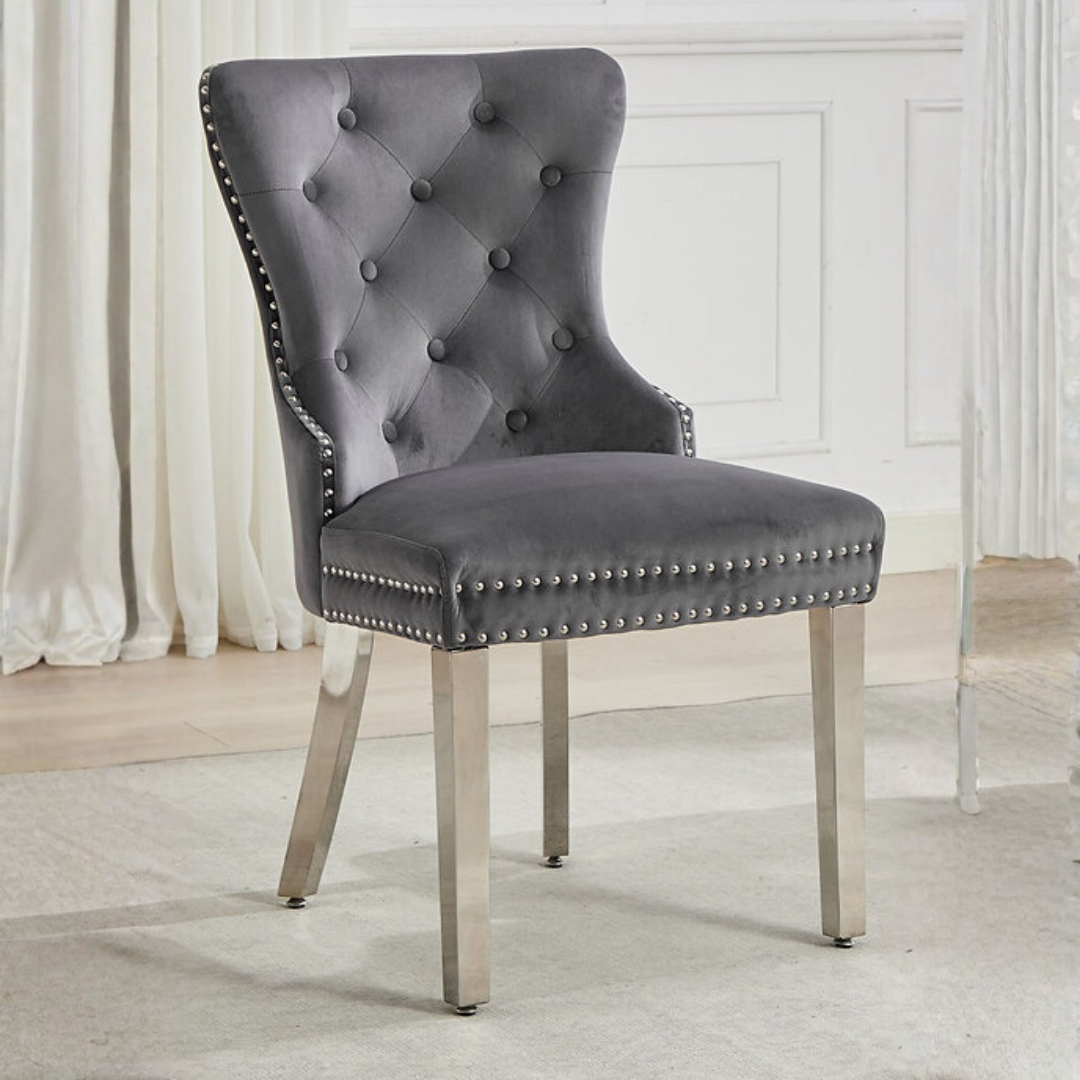 Luxoria – Lot de 2 – Chaises de salle à manger capitonnées en velours – Gris