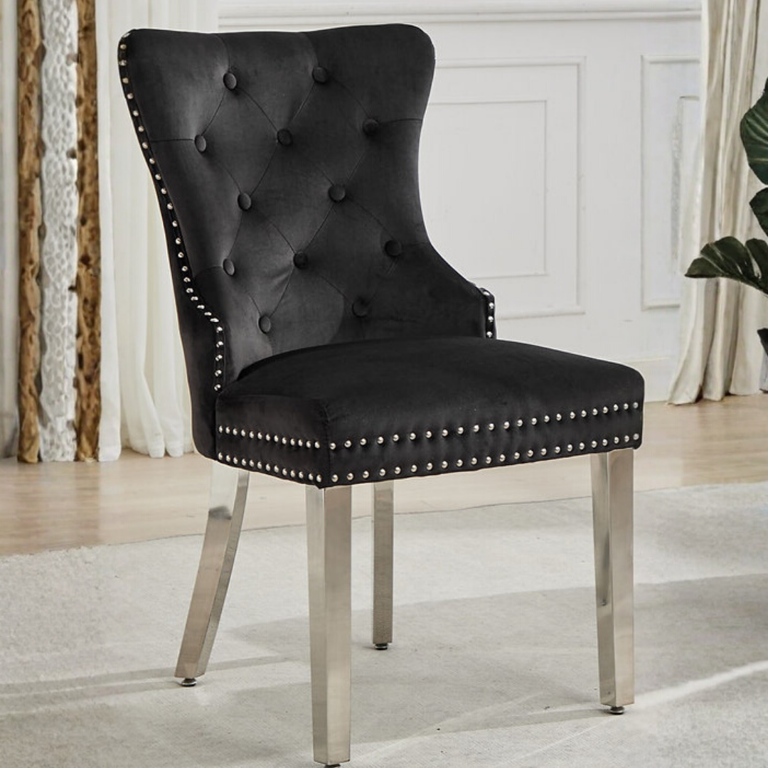 Luxoria – Lot de 2 – Chaises de salle à manger capitonnées en velours – Noires