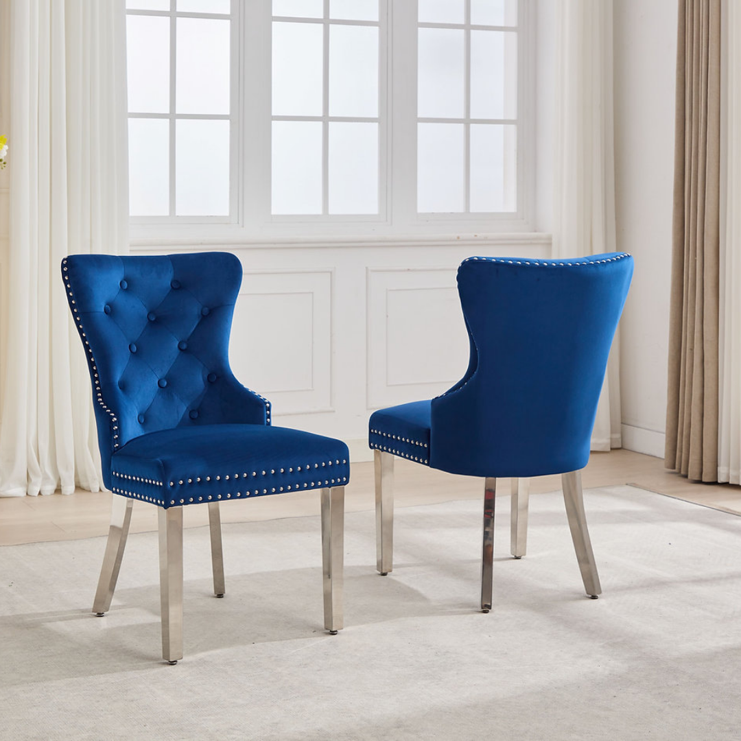 Luxoria – Lot de 2 – Chaises de salle à manger capitonnées en velours – Bleues