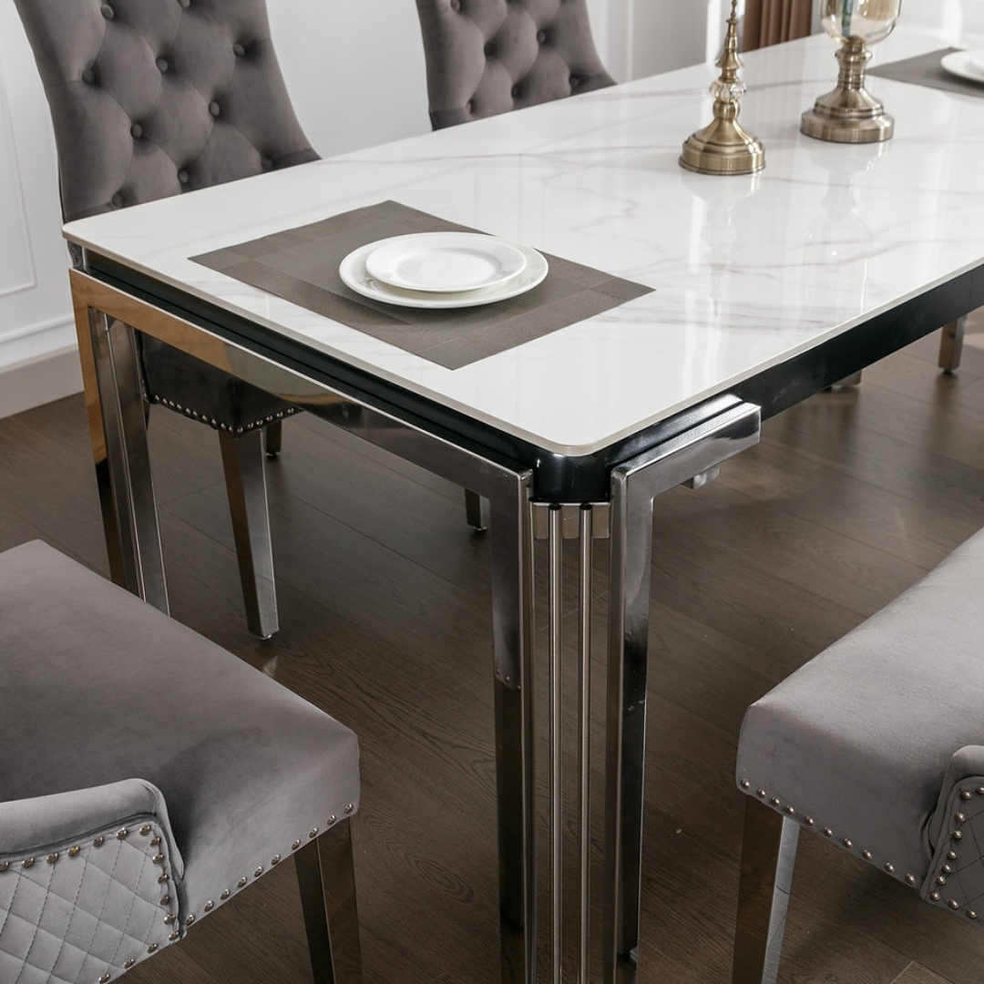 Bellagio – Dining Set – White Marble / Grey Velvet