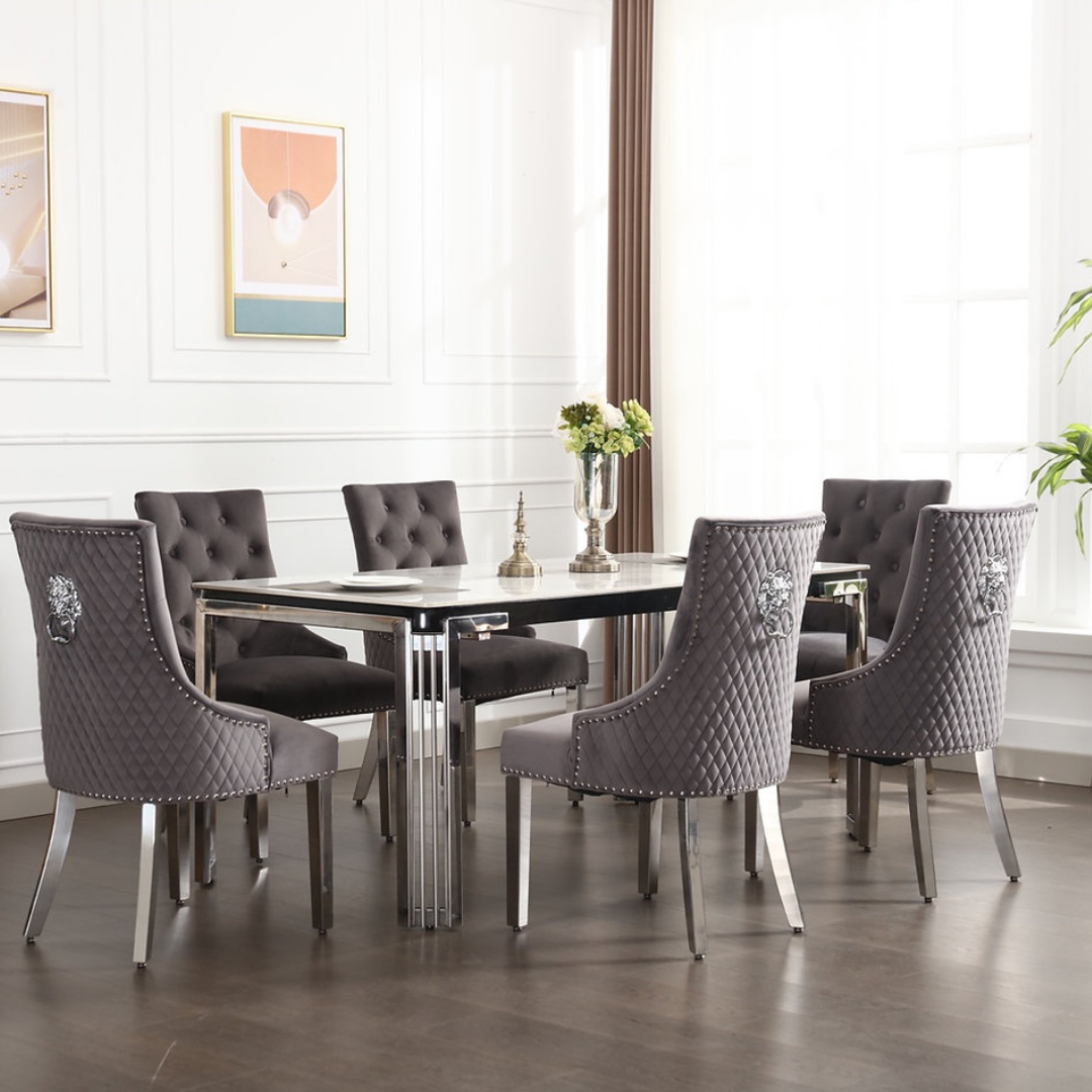 Bellagio – Dining Set – White Marble / Grey Velvet