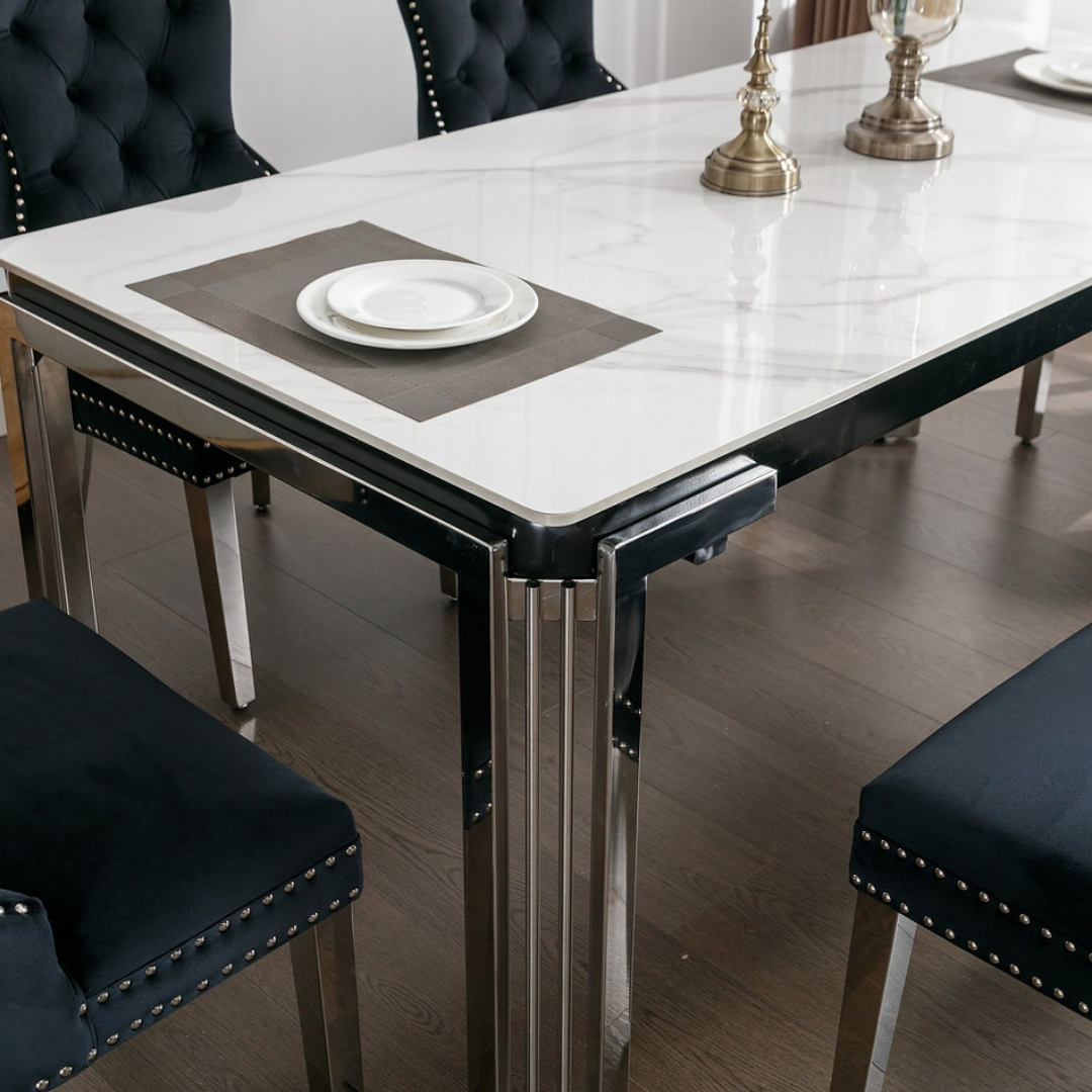 Bellagio – Dining Set – White Marble / Black Velvet