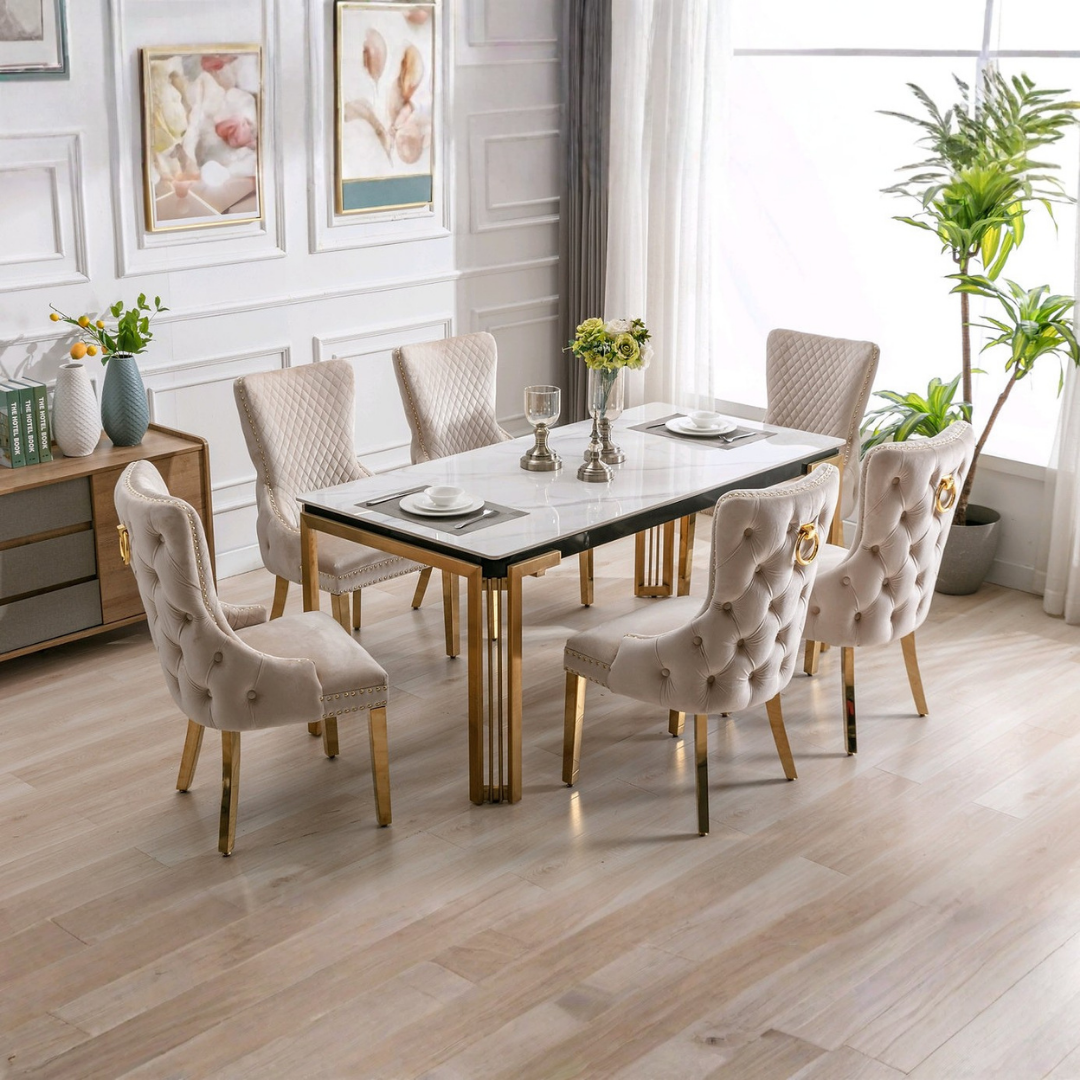 Bellagio – Ensemble de salle à manger – Marbre blanc / Velours crème