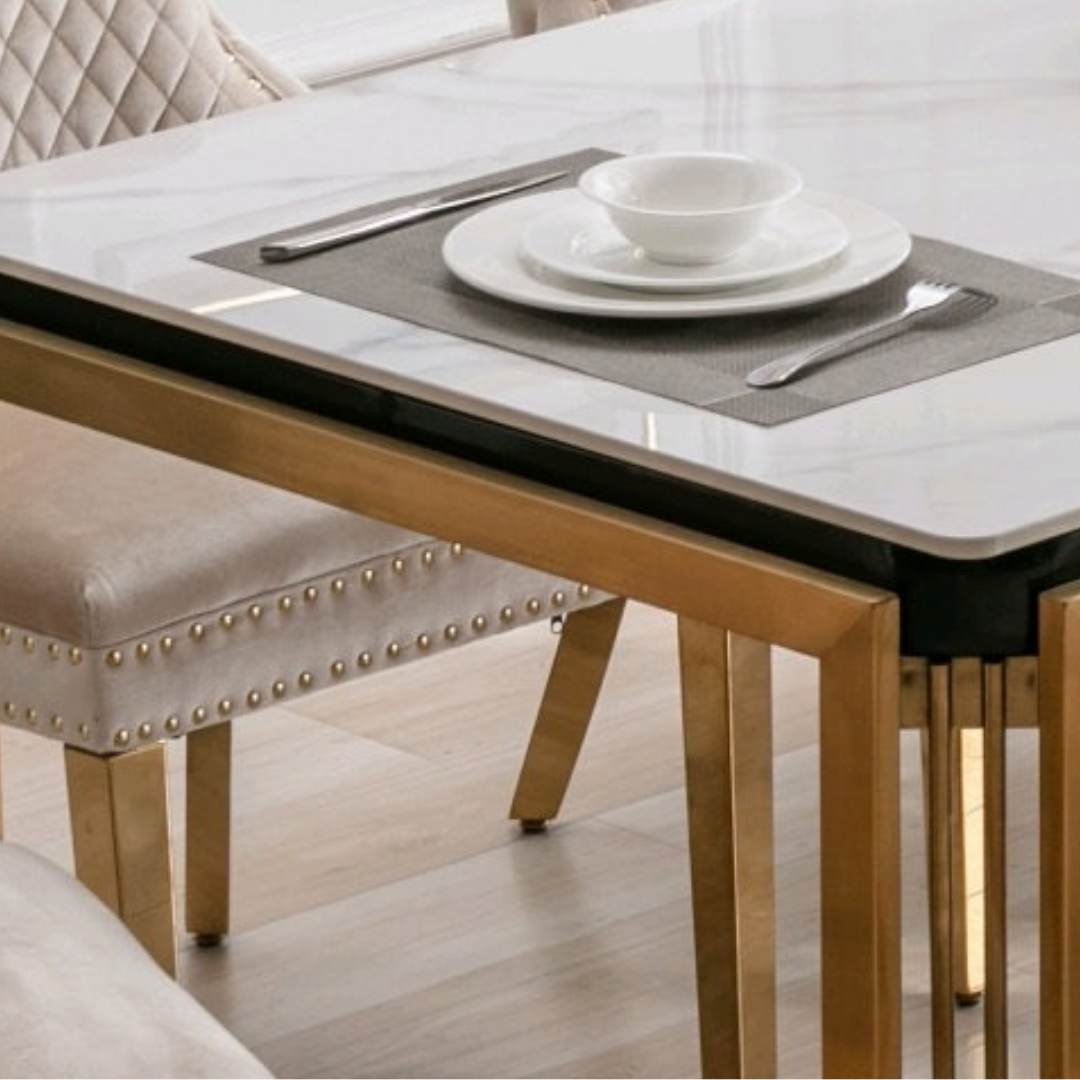 Bellagio – Dining Set – White Marble / Crème Velvet
