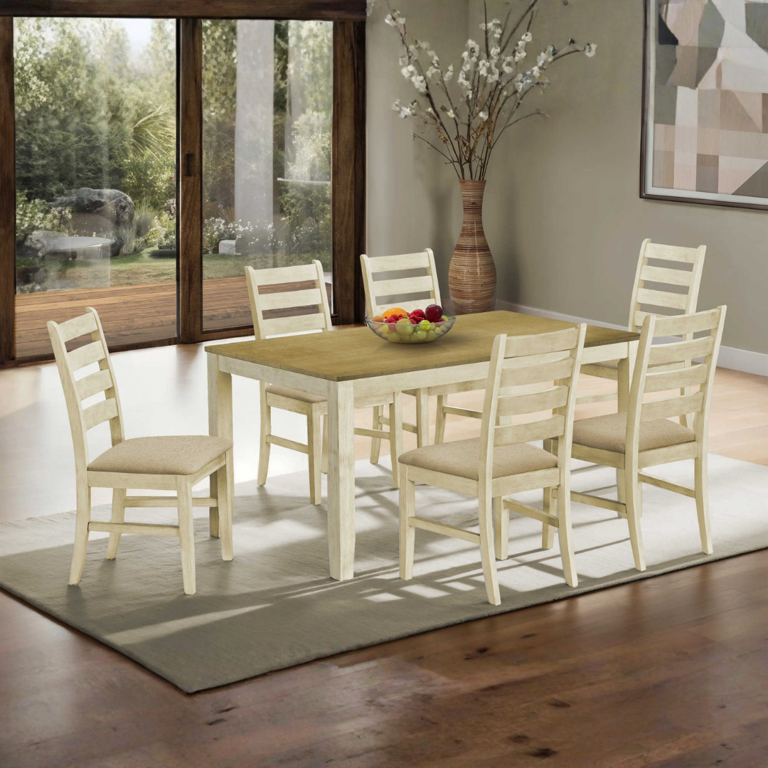 Comforta – Dining Set – Antique White / Light Brown Veneer / Beige Fabric