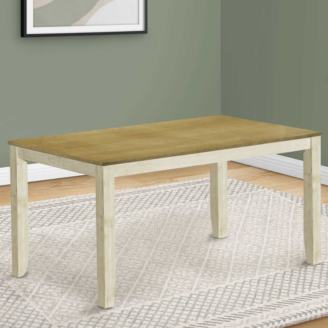 Comforta – Dining Set – Antique White / Light Brown Veneer / Beige Fabric