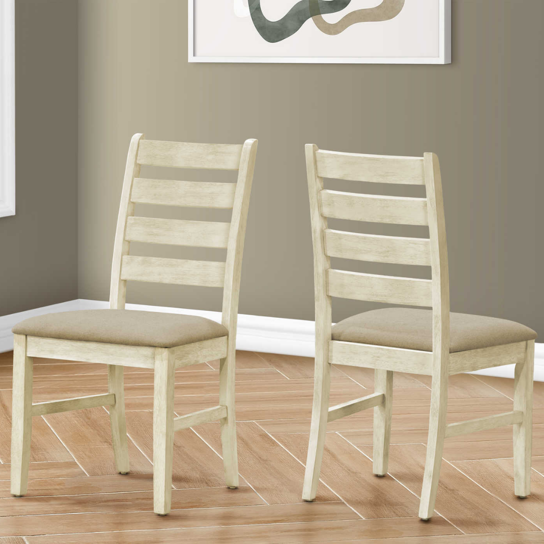 Comforta – Dining Set – Antique White / Light Brown Veneer / Beige Fabric