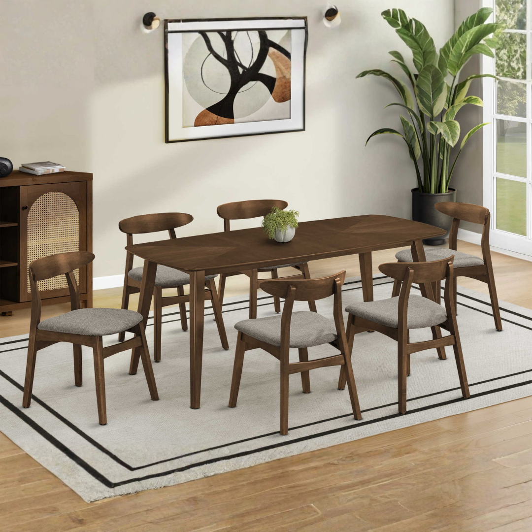 Soren – Dining Set – Dark Walnut / Brown Fabric