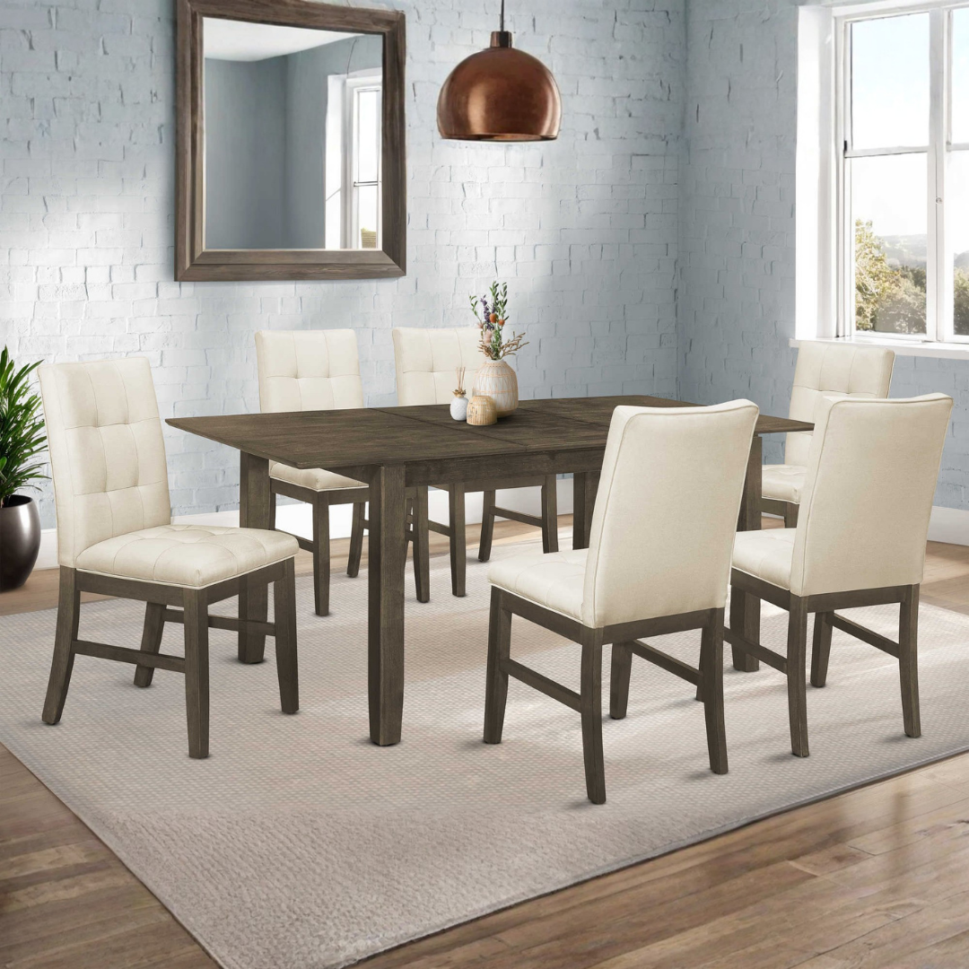 Runa à modifier – Ensemble de salle à manger extensible – Placage gris / Chaises en tissu crème