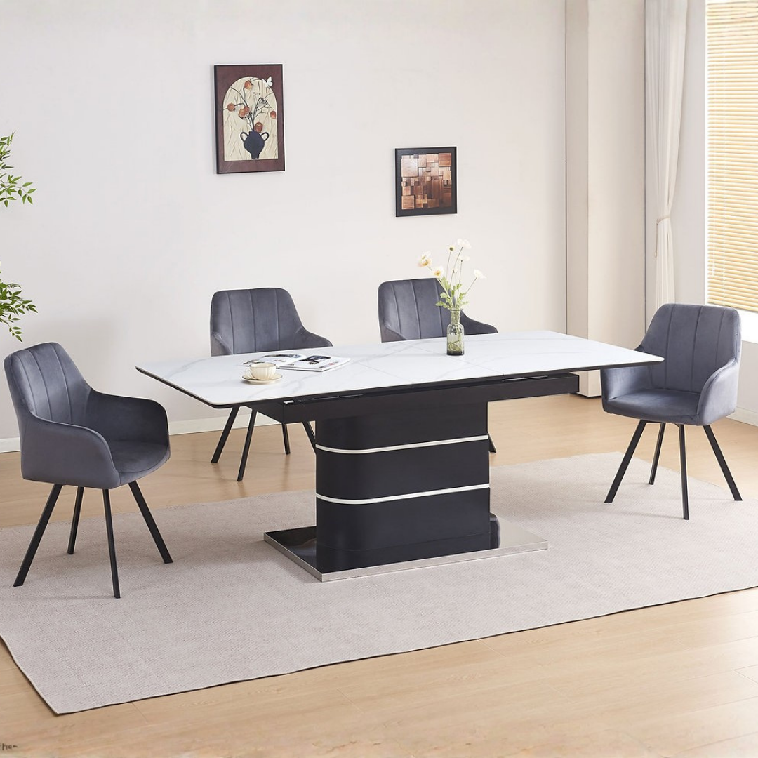 Roma – Dining Set – White Marble Look / Dark Grey Velvet