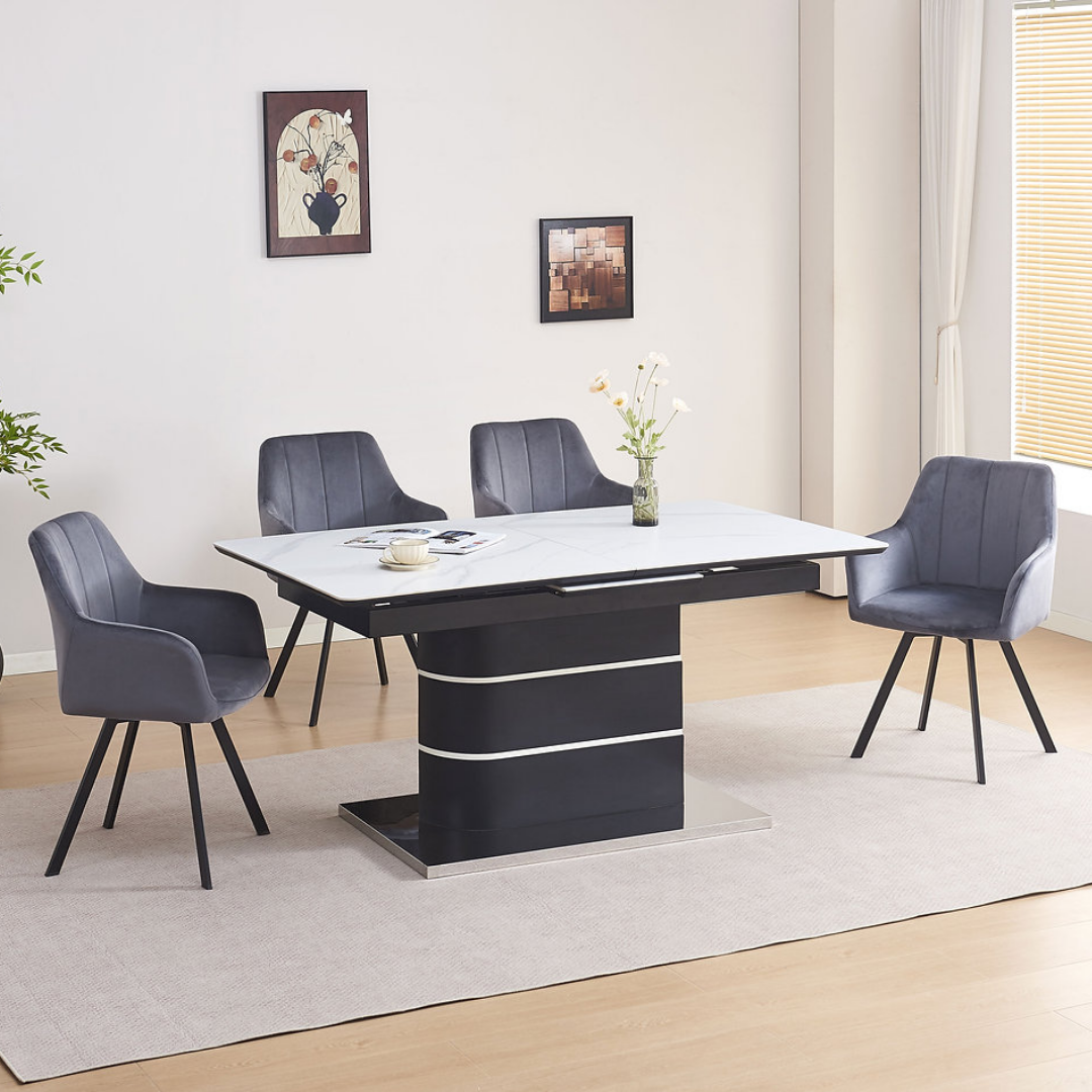Roma – Dining Set – White Marble Look / Dark Grey Velvet