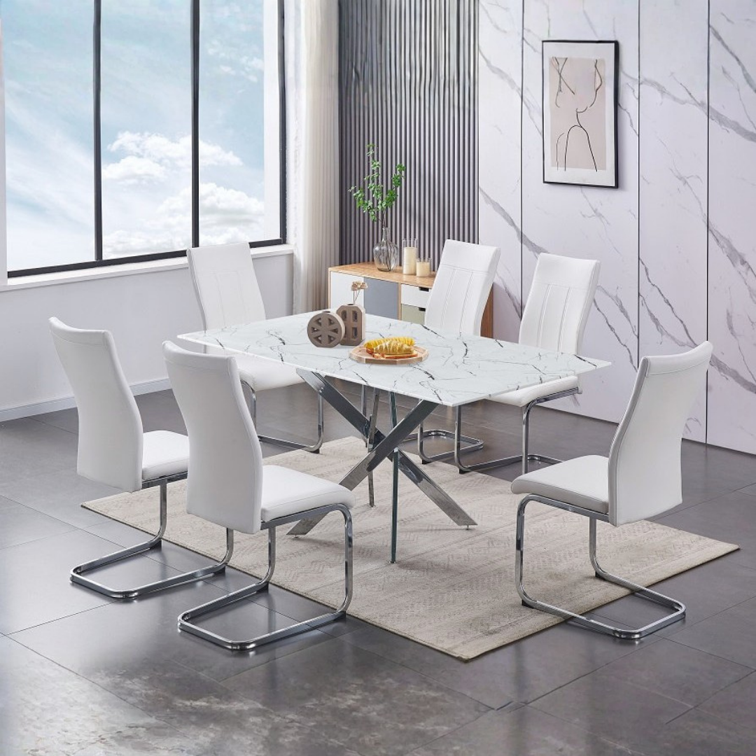 Astoria – Dining Set – White Marble Glass / White PU