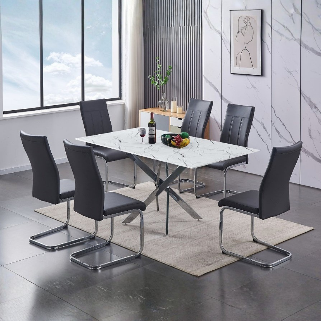 Astoria – Dining Set – White Marble Glass / Grey PU