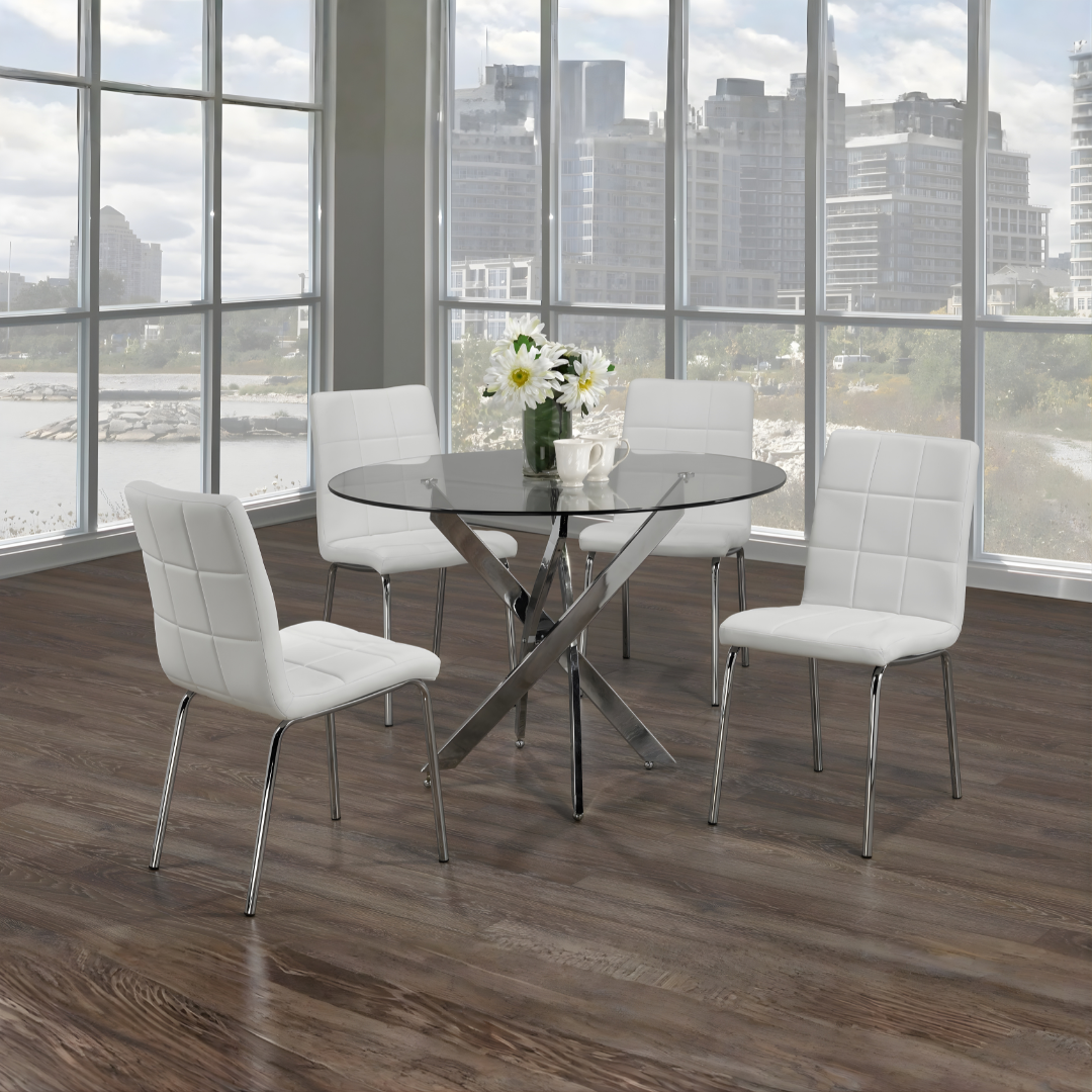 Laurent – Dining Set – Glass Top / White PU Chairs