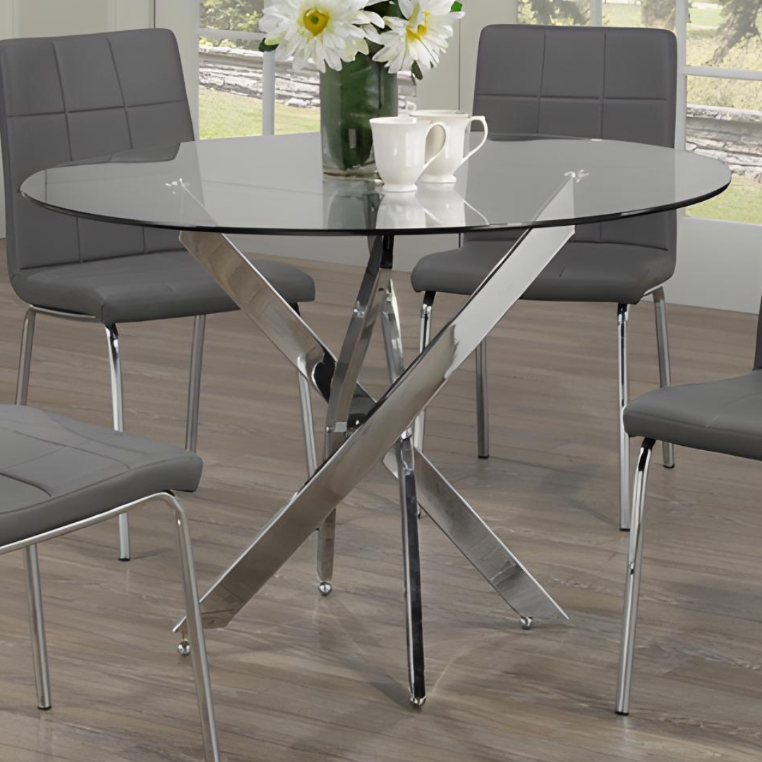 Laurent – ​​Ensemble de salle à manger – Plateau en verre / Chaises en polyuréthane gris