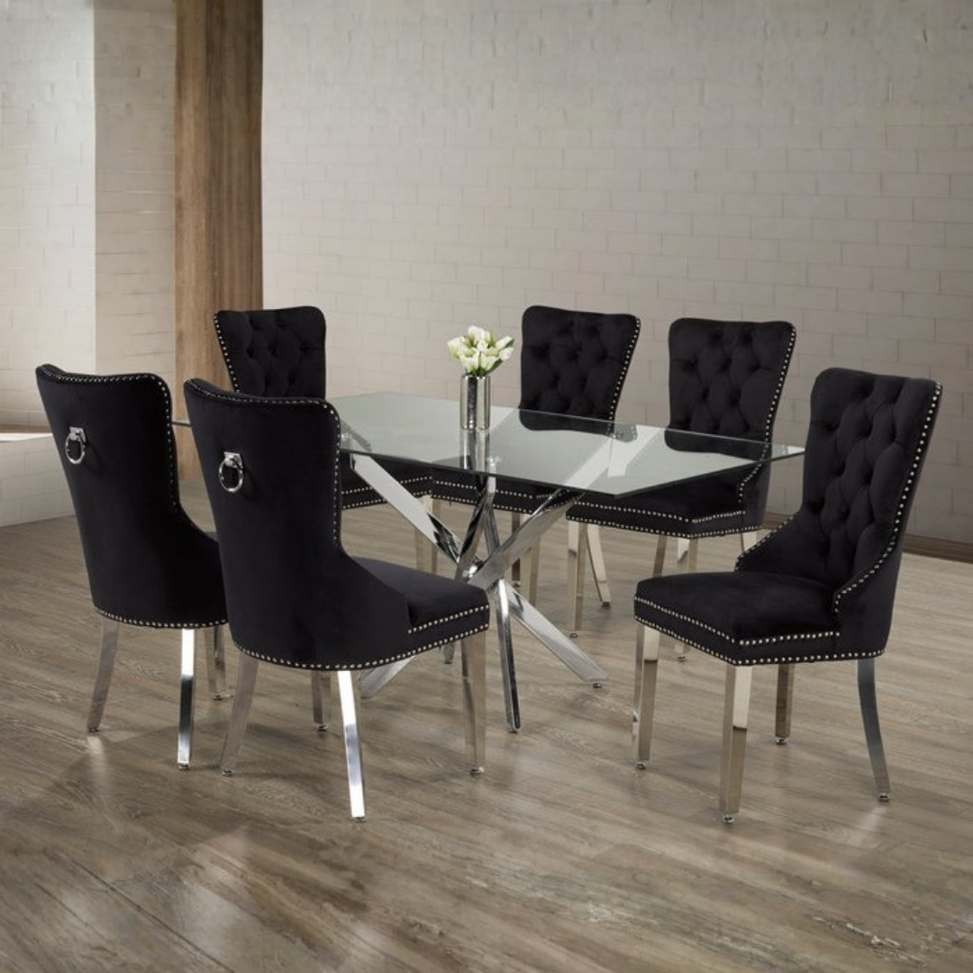 Windsor – Ensemble de salle à manger – Verre transparent / Velours noir
