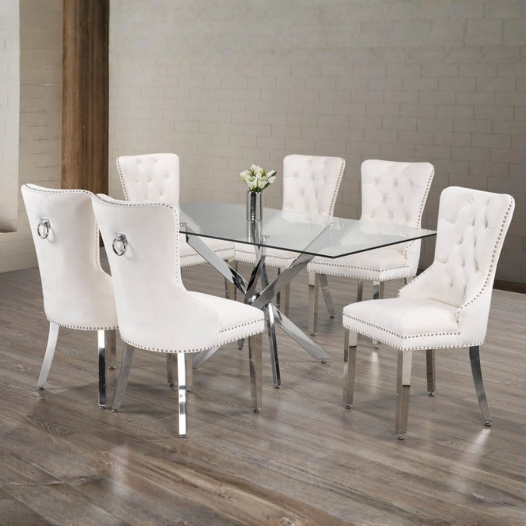 Windsor – Ensemble de salle à manger – Verre transparent / Velours crème