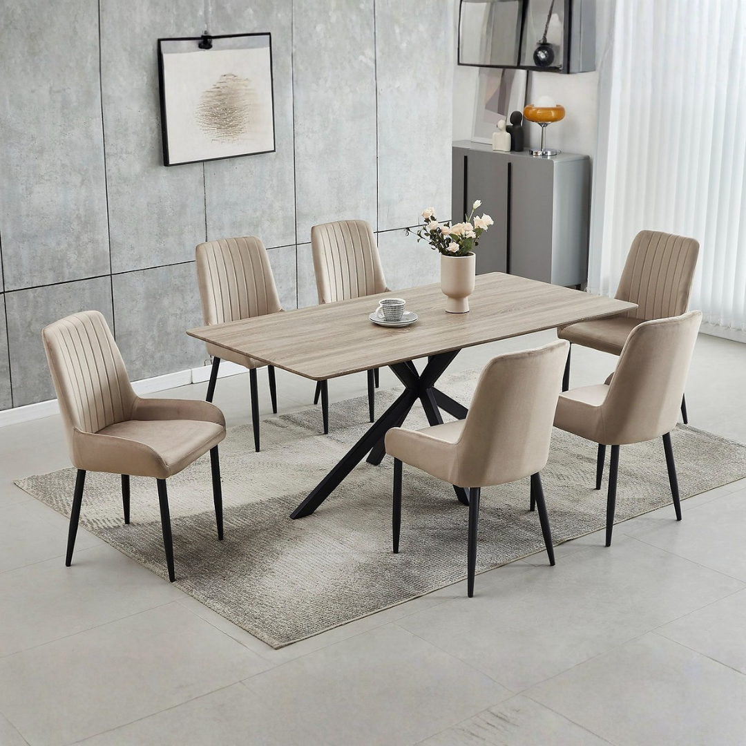 Prima – Dining Set – Wood Top / Beige Velvet