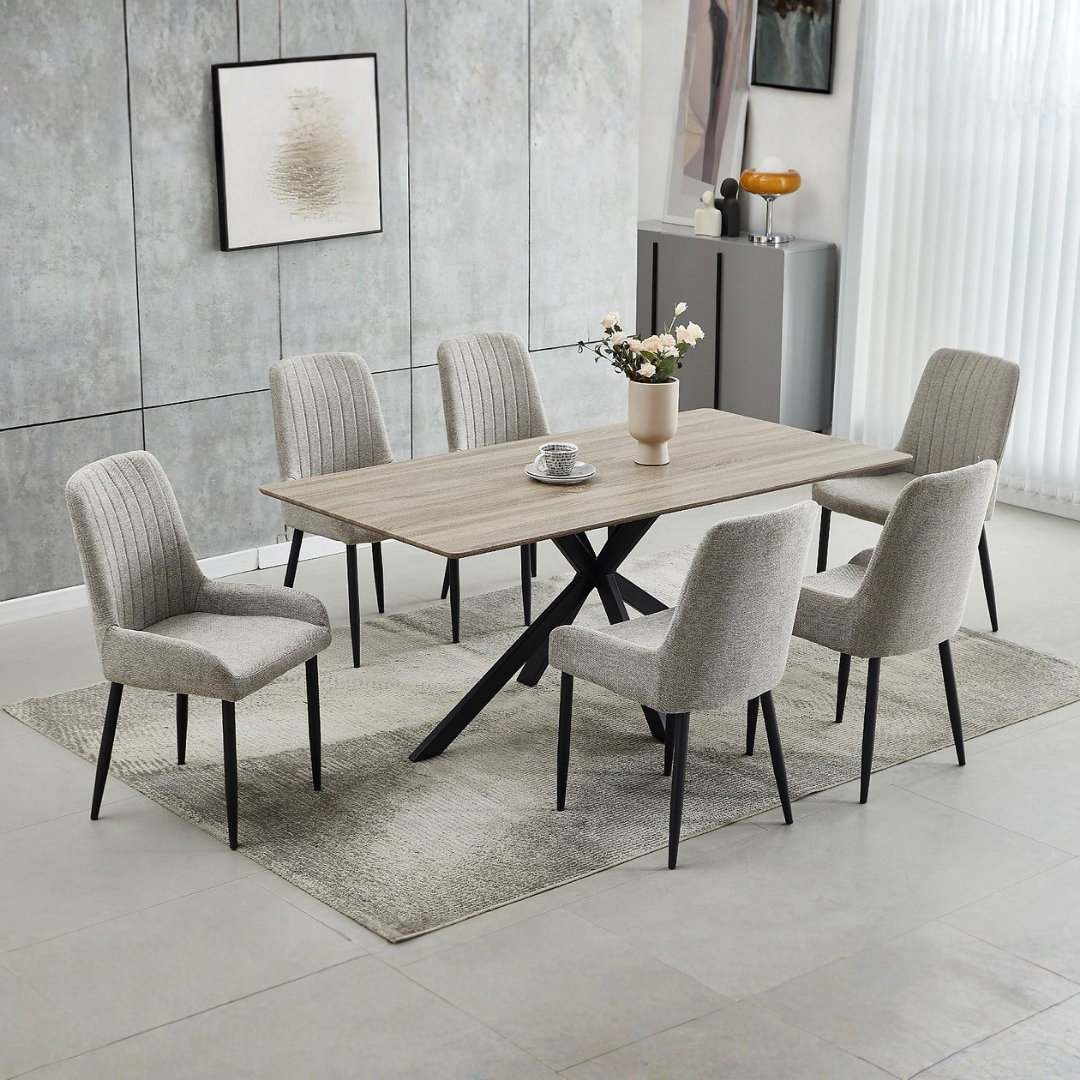 Prima – Dining Set – Wood Top / Grey Beige Fabric