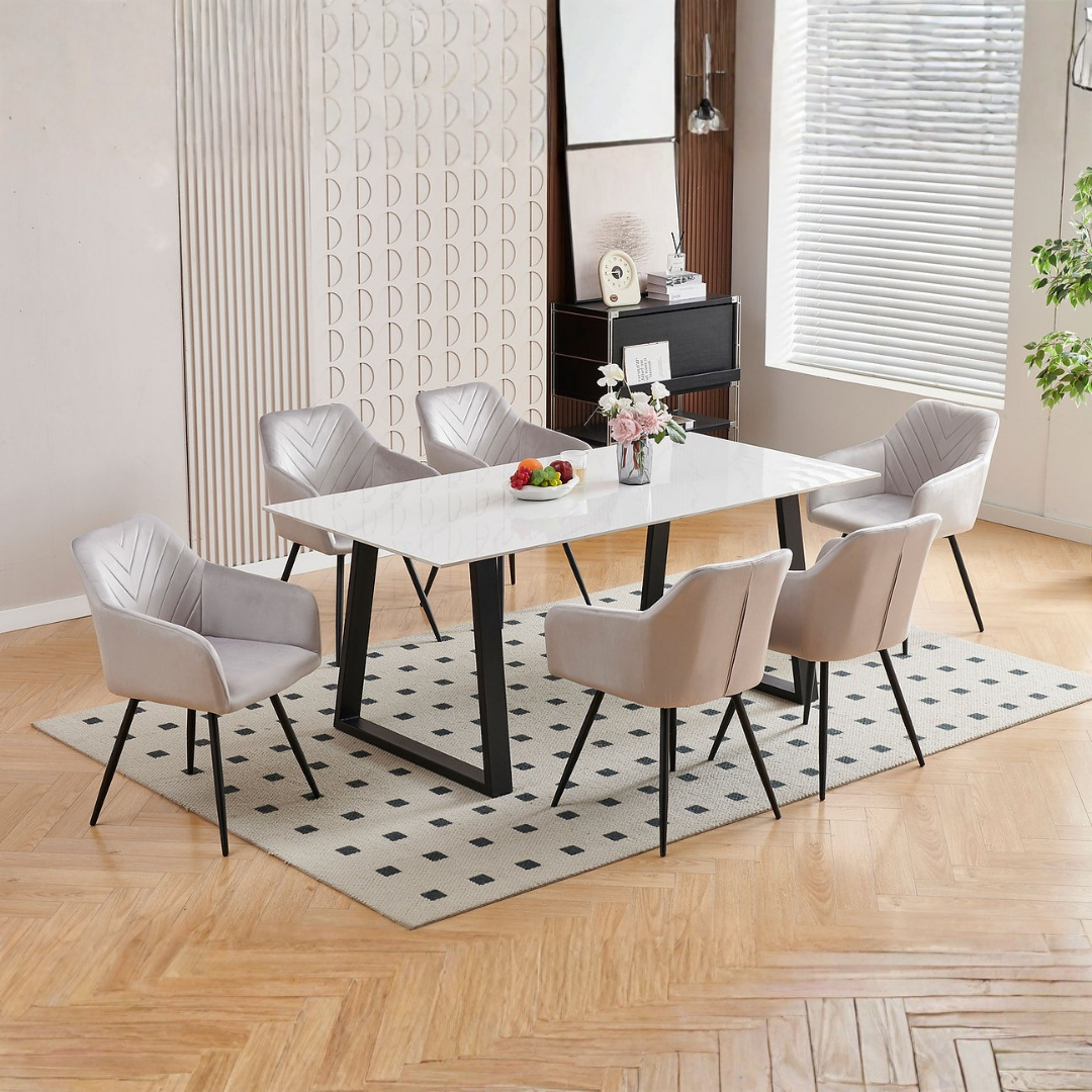 Torino – Ensemble de salle à manger – Aspect marbre blanc / Velours gris clair