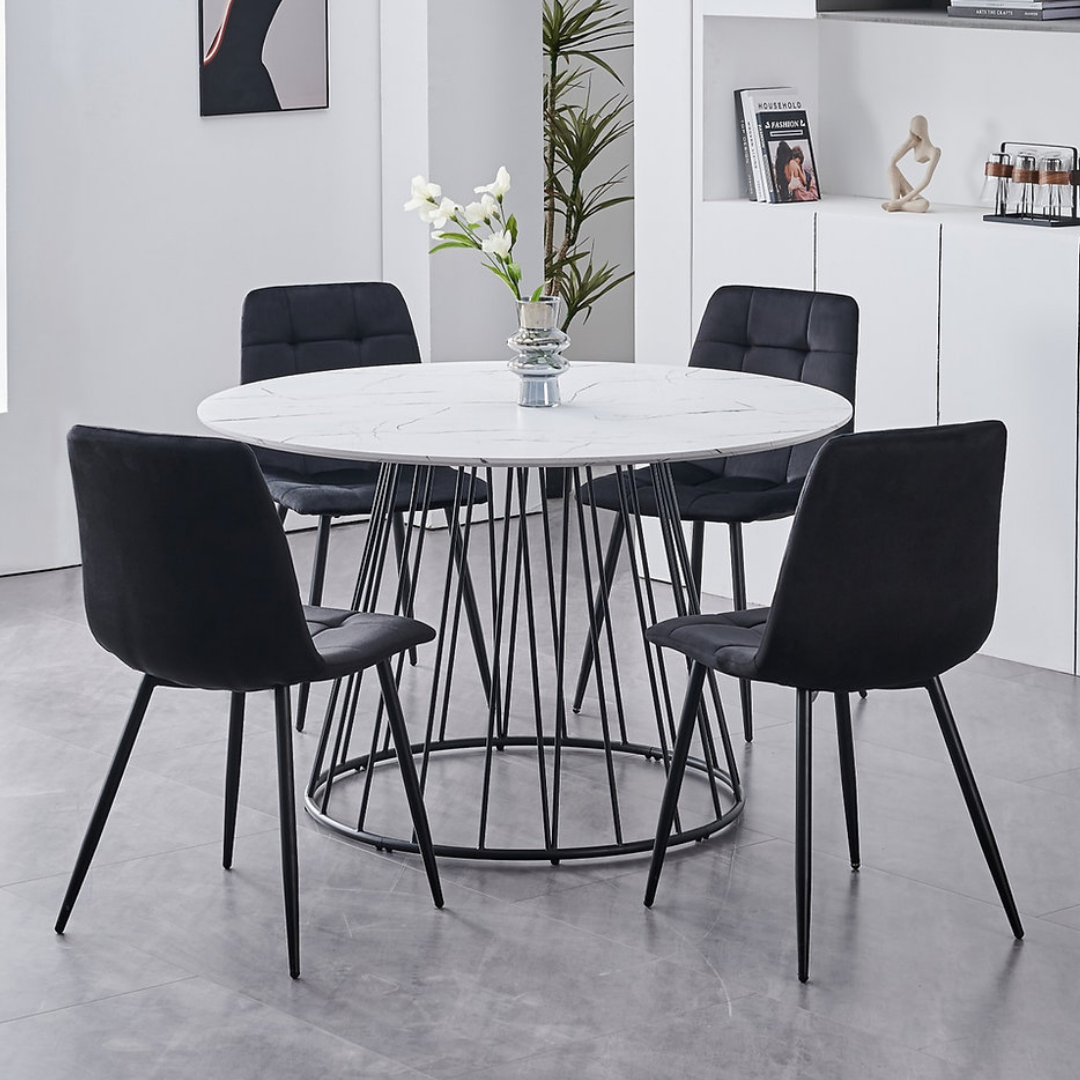 Linear – Dining Set – White Marble Veneer / Black Velvet