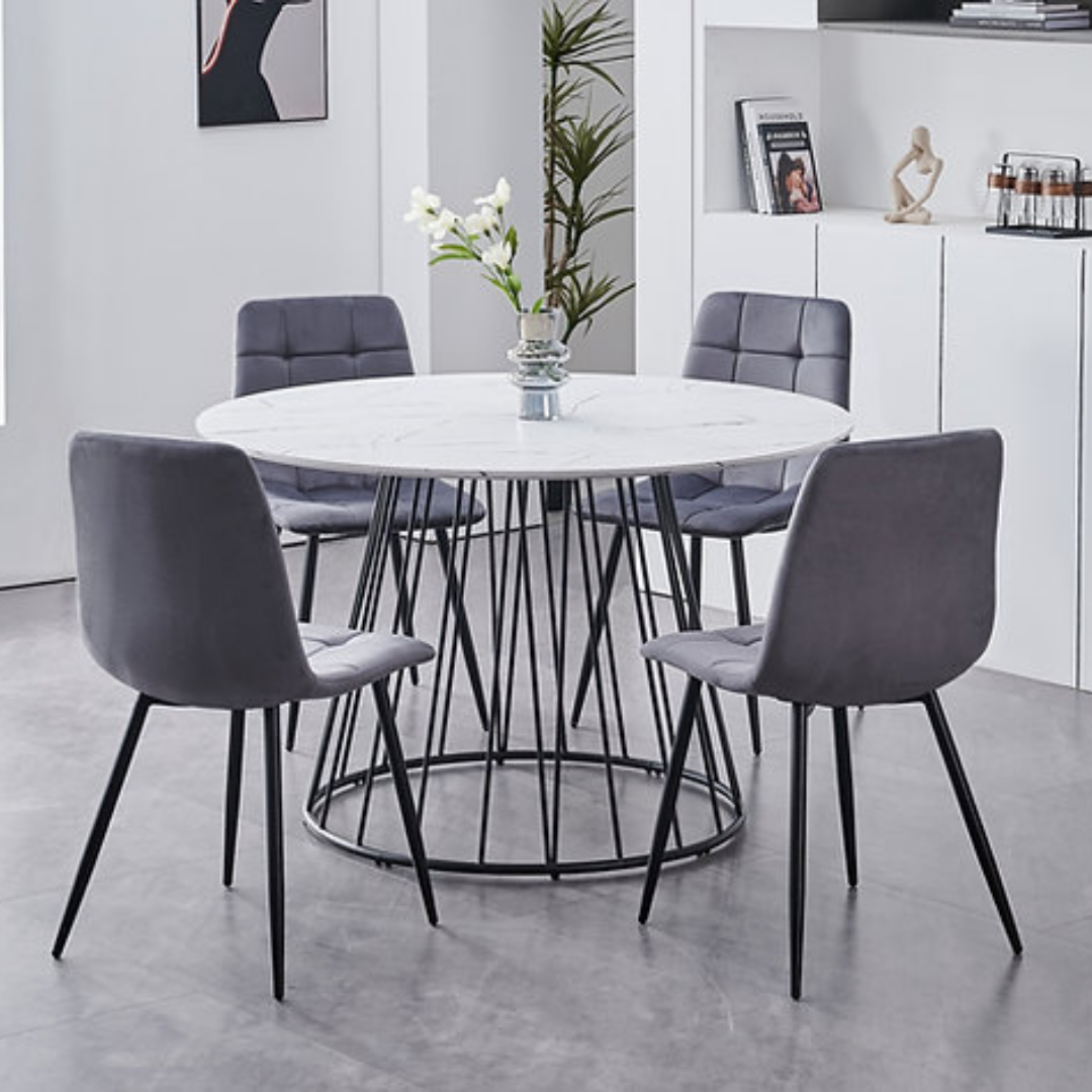 Linear – Dining Set – White Marble Veneer / Grey Velvet