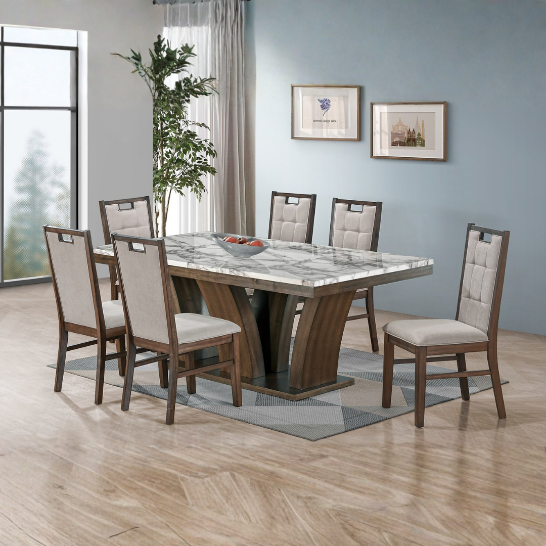 Capri – Ensemble de salle à manger – Imitation marbre / Bois brun rustique