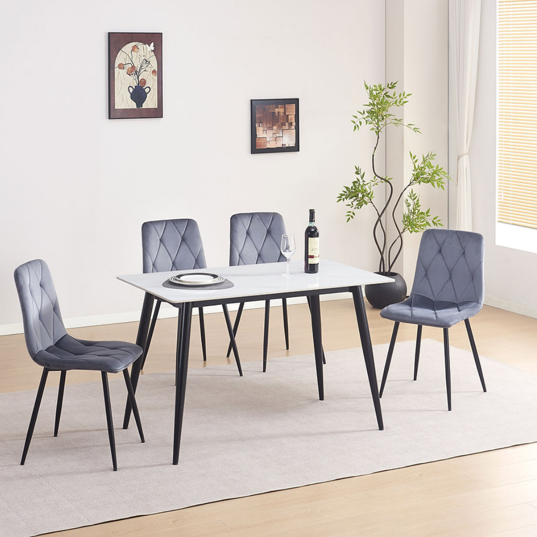 Siena – Dining Set – White Marble Look / Dark Grey Velvet
